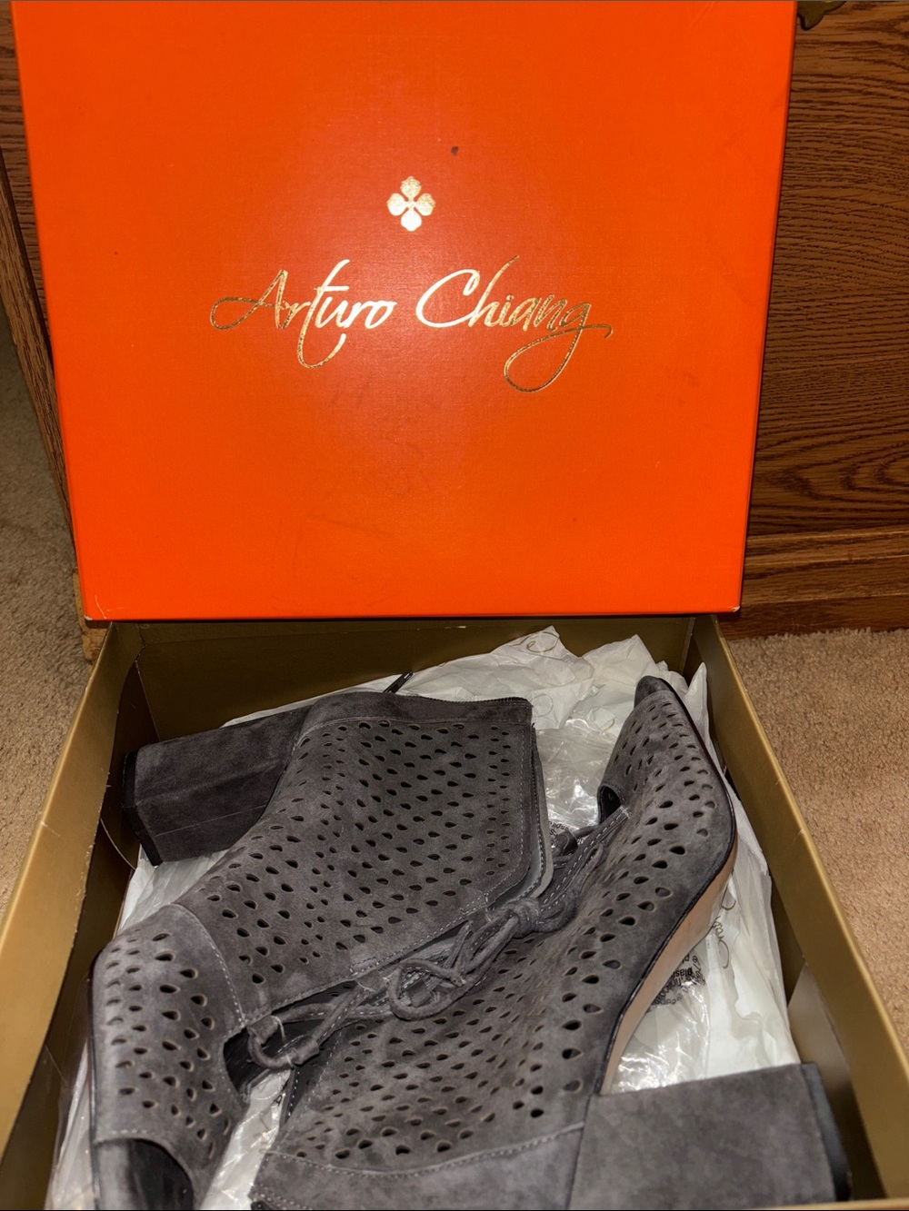 Arturo Chiang Charcoal Perforated Suede Ankle Booties